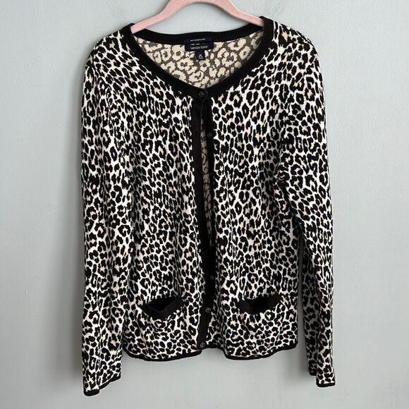 Lands’ End 100% Supima cotton women’s medium 10-12 Leopard print cardigan - Picture 1 of 11